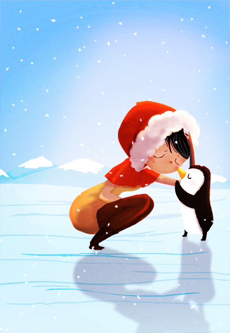 Girl with Santa Hat and Penguin